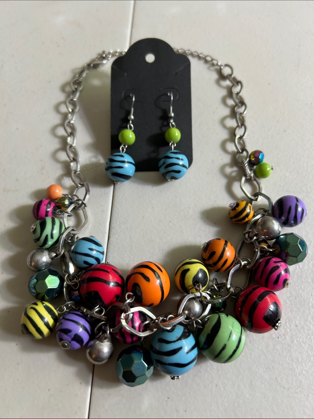 Colorful Zebra-Print Beaded  Necklace & Earring Set - Multi